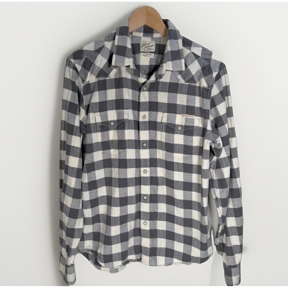 Lucky Brand Western Shirt Mens Gingham Gray Pearl Snap Sz Medium